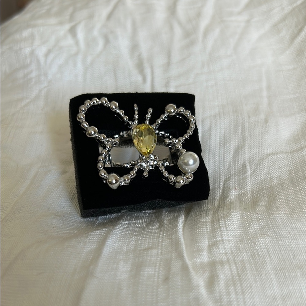 Yellow and Silver Rhinestone Butterfly Ring